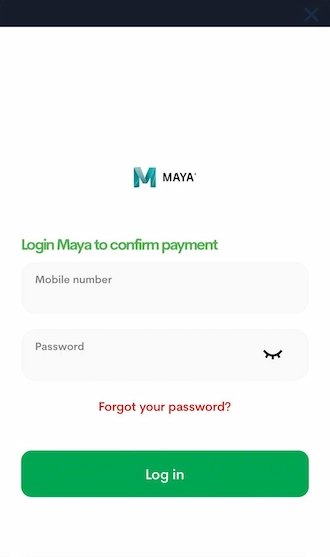 Step 3: Members, please log in to your Maya account by entering your mobile number and password. Then click "Log in" and make an online payment.